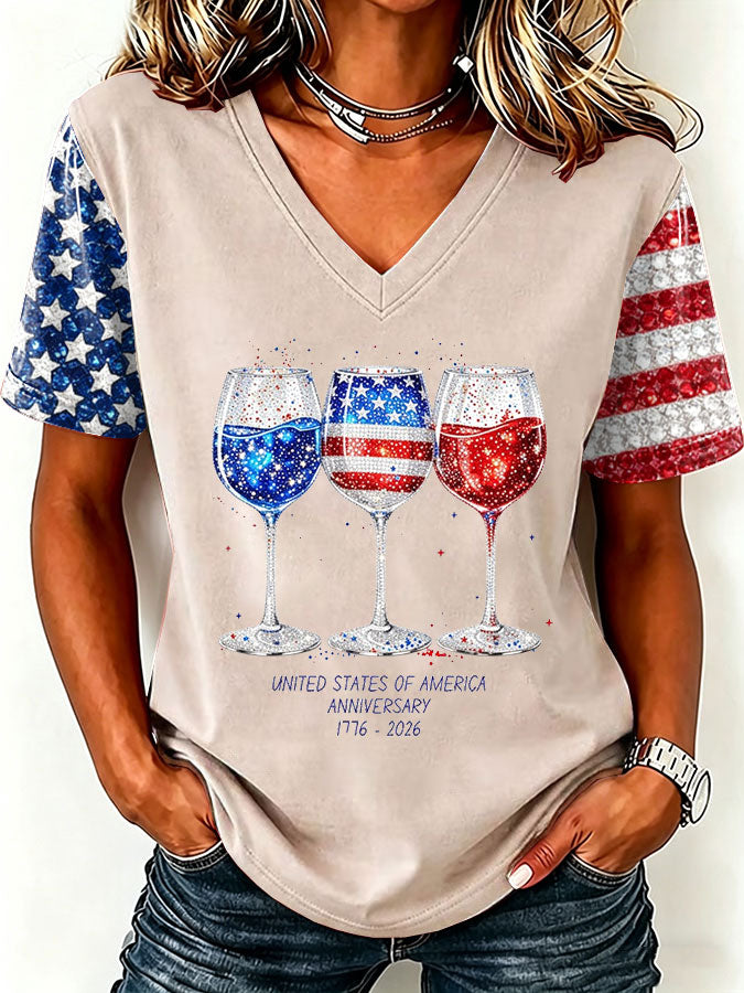 Women'S America Flag Floral Print Casual V-Neck T-Shirt
