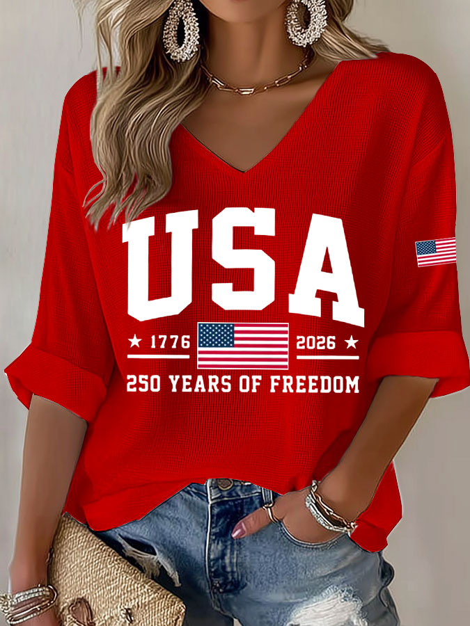 Women'S America Flag Print Waffle T-Shirt