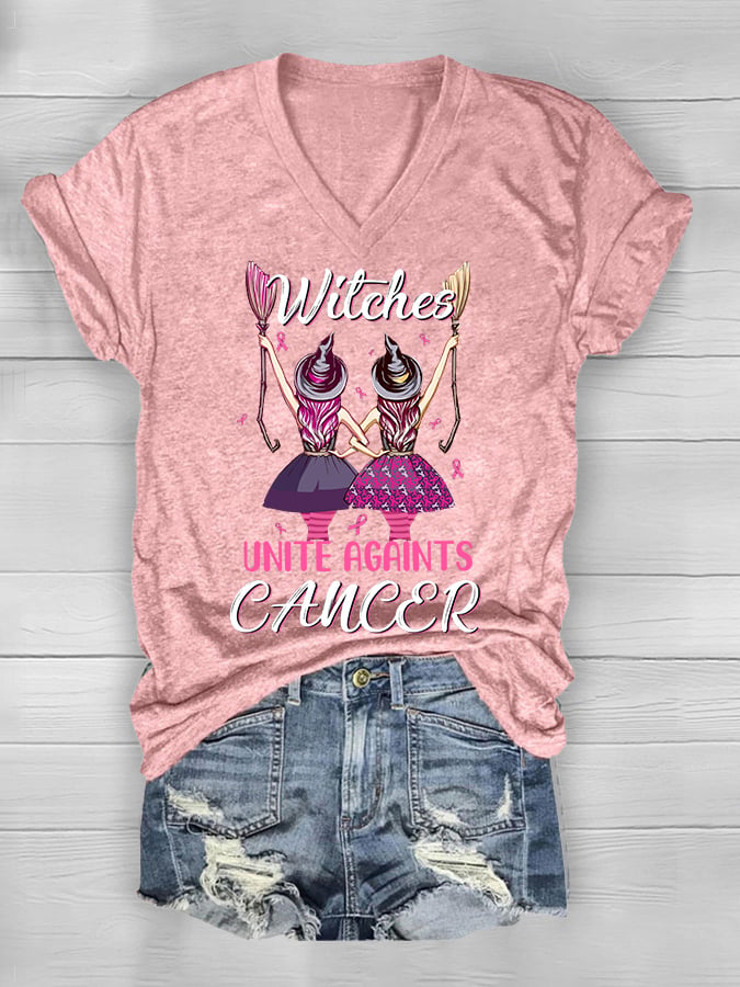 Women's Witches Unite Against Cancer Breast Cancer Awareness V-Neck Tee