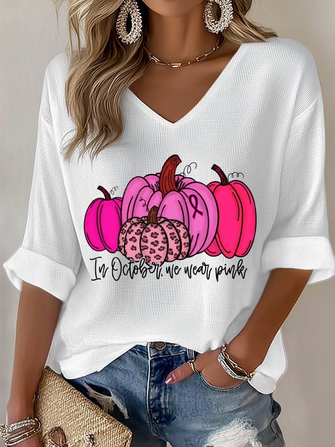 Women's In October We Wear Pink Print Waffle T-Shirt