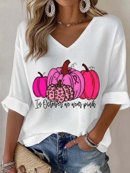 Women's In October We Wear Pink Print Waffle T-Shirt