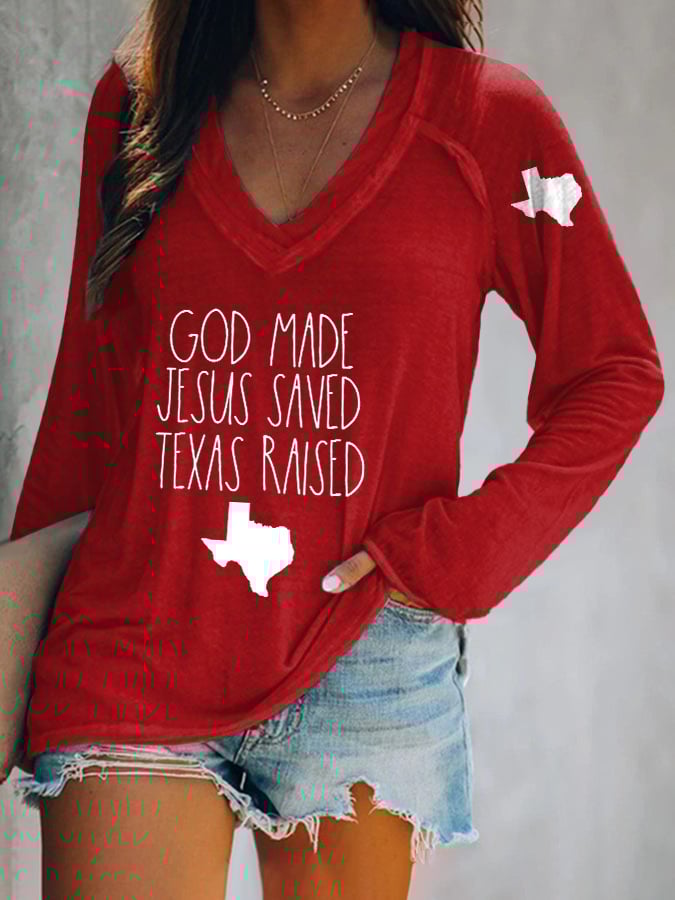 🙏💔Join us in praying for Texas.🙏V-neck Retro Texas Strong God Made Jesus Saved Texas Raised Print T-Shirt