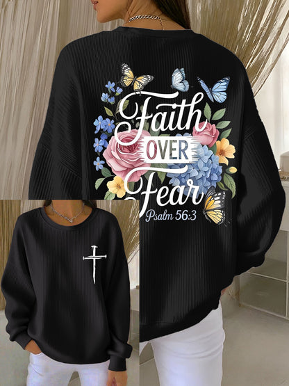 Women's Faith Over Fear Printed Crew Neck Long Sleeve Top