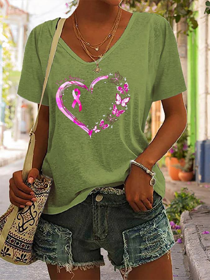 Women's Breast Cancer Awareness Survivor Printed V-Neck Tee