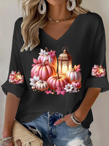Women's Beat Breast Cancer Pink Pumpkin Print T-Shirt