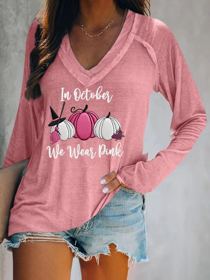 Women's Breast Cancer In October We Wear Pink Printed V-Neck T-Shirt