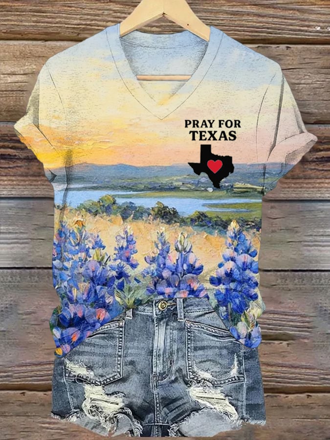 Women's Pray for Texas Print V-Neck T-Shirt