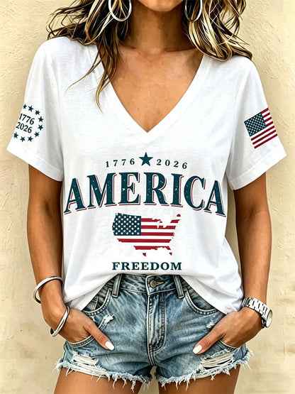 Women'S Retro Independence Day Printed Casual Short Sleeved T-Shirt