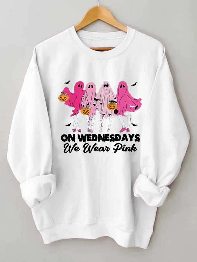 Women's Halloween Breast Cancer On Wednesday We Wear Pink Cute Ghost Print Sweatshirt