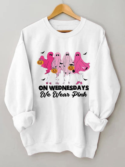 Women's Halloween Breast Cancer On Wednesday We Wear Pink Cute Ghost Print Sweatshirt