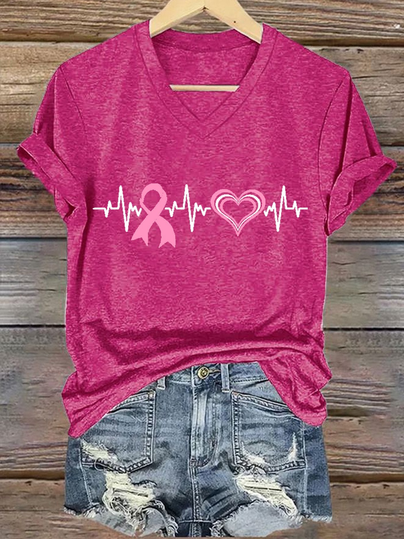 Women's Breast Cancer Awareness Print V-Neck T-Shirt