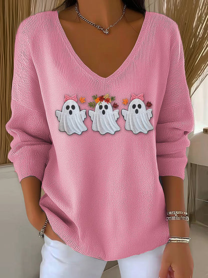 Women's Casual Pink Ghost Stripe Long-Sleeved V-Neck Top