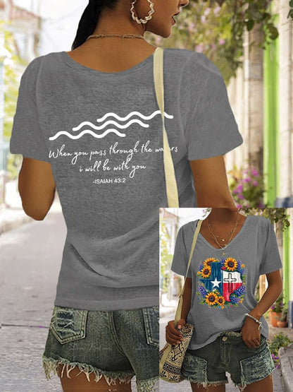 🙏💔Join us in praying for Texas.🙏Women's Texas Strong When You Pass Through the Waters I Will Be with You Isaiah 43:2 Print V Neck Casual T-Shirt