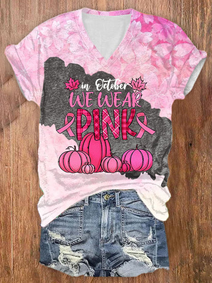 Women's Casual In October We Wear Pink Printed Short Sleeve T-Shirt