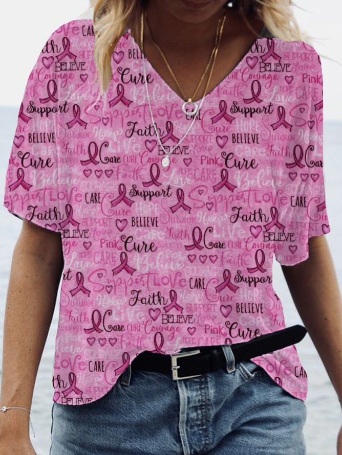 Women's Powerful Breast Cancer Awareness Pink Ribbon Print V-Neck T-Shirt