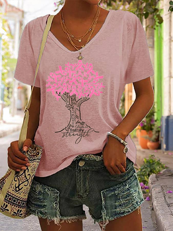 Women's Breast Cancer Awareness Cancer Fighter Pink Ribbon Tree Printed V-Neck Tee