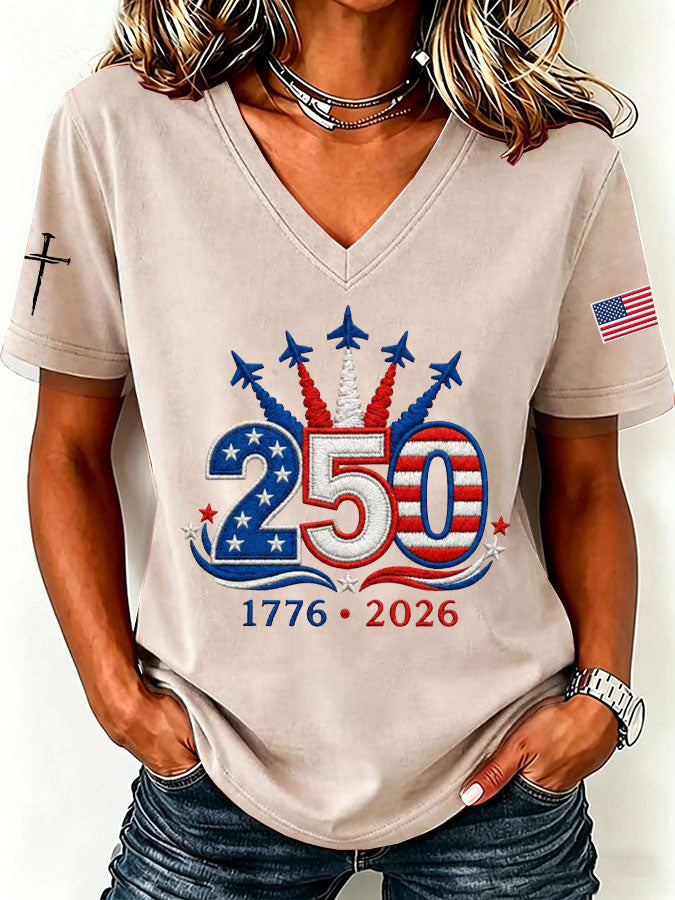 Women'S America Flag Floral Print Casual V-Neck T-Shirt