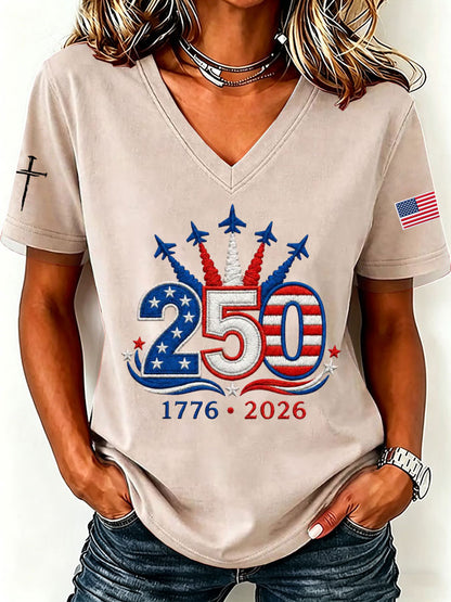 Women'S America Flag Floral Print Casual V-Neck T-Shirt