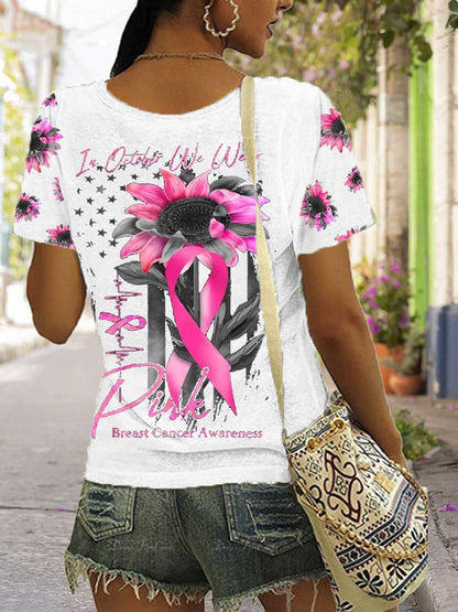 Women's In October We Wear Pink Breast Cancer Awareness Print V-Neck T-Shirt