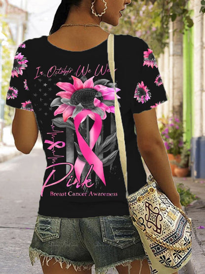 Women's In October We Wear Pink Breast Cancer Awareness Print V-Neck T-Shirt
