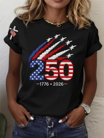 American Women's 250th Anniversary Embroidered Printed Round Neck Short Sleeve T-shirt