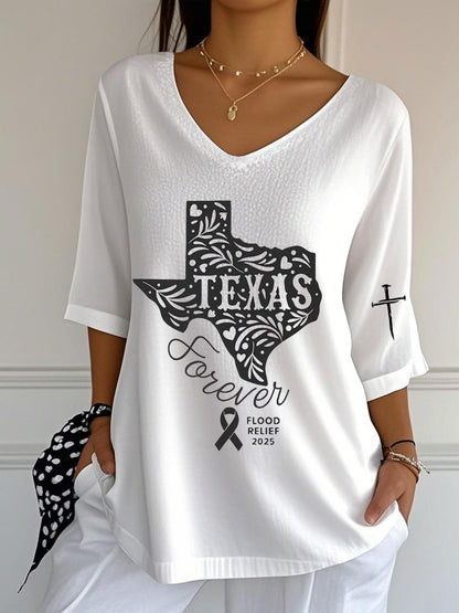 🙏💔Join us in praying for Texas.🙏Women's Texas Flood Print Casual V Neck T-Shirt