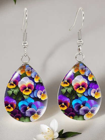 Purple Drop-Shaped Pansy Flower Design Earrings