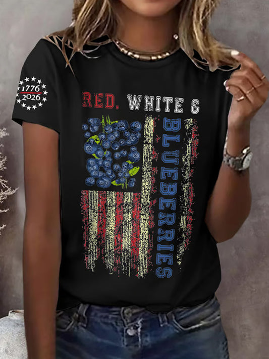Retro Red White And Blueberries United States Of America • 1776–2026 Print T-Shirt