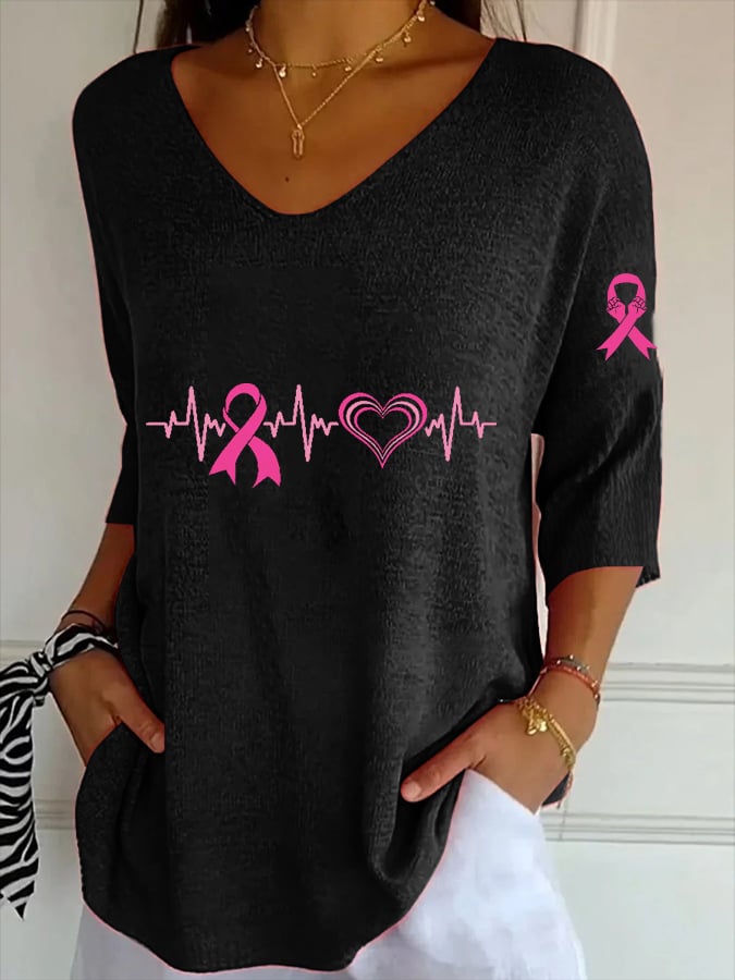 Women's Breast Cancer Embroidery Floral Print Striped Fabric Casual V-Neck Mid Sleeve T-Shirt
