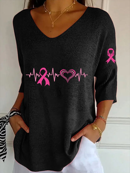 Women's Breast Cancer Embroidery Floral Print Striped Fabric Casual V-Neck Mid Sleeve T-Shirt