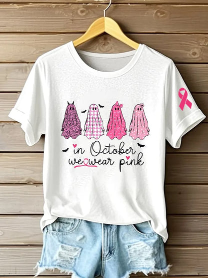 Women's In October We Wear Pink Ghosts Printed Casual T-Shirt