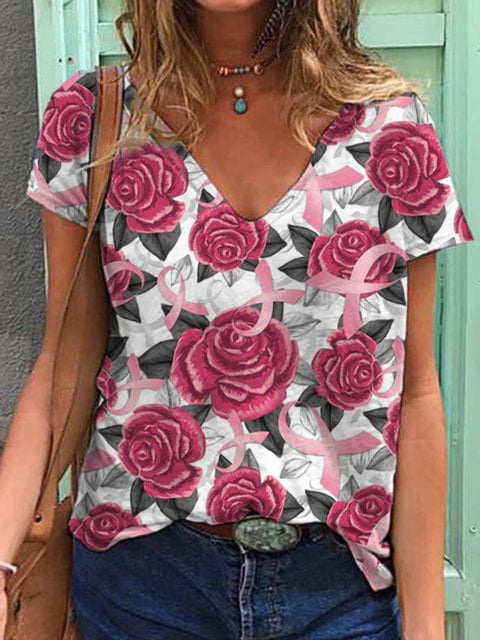 Women's Breast Cancer Awareness Floral V-Neck T-Shirt