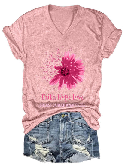 Women's Flower Faith Hope Love Breast Cancer Awareness Print Casual T-Shirt