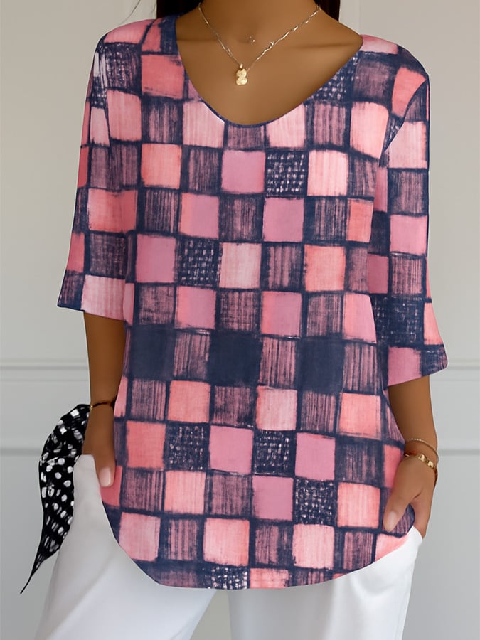 Women's Casual Pink Patchwork Print Bubble Wrinkle Top
