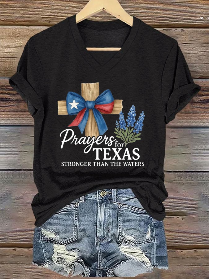 🙏💔Join us in praying for Texas.🙏V-Neck Retro Texas Strong Prayers For Texas Stronger Than The Waters Print T-Shirt