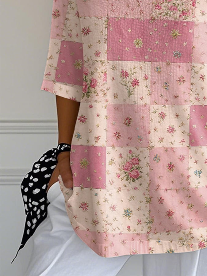 Women's Casual Pink Patchwork Print Bubble Wrinkle Top