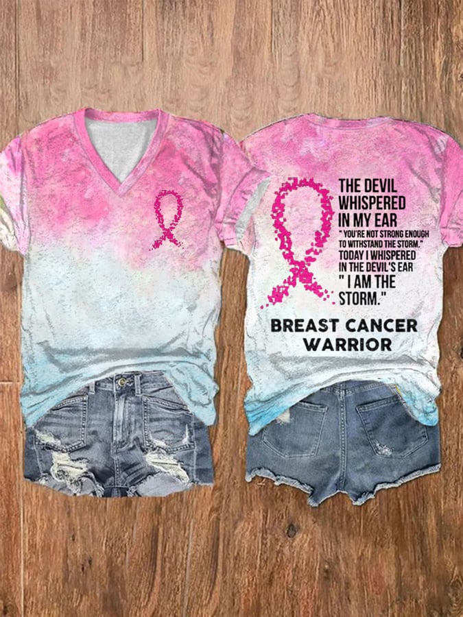 Women's The Devil- Breast Cancer Awareness Support Ribbon Print V-Neck Casual T-Shirt