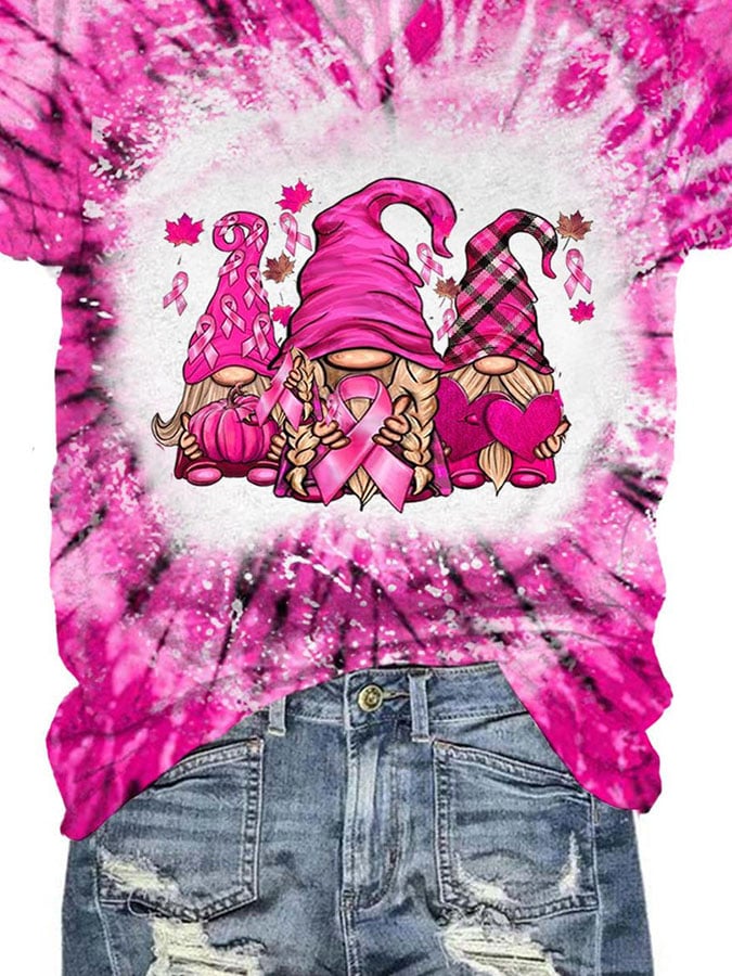 V-Neck Breast Cancer Awareness Tie Dye Gnomes Print T-Shirt