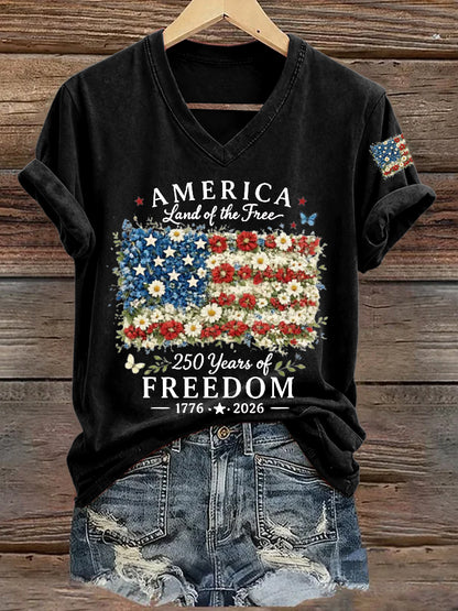 Women'S America Flag Floral Print Casual V-Neck T-Shirt