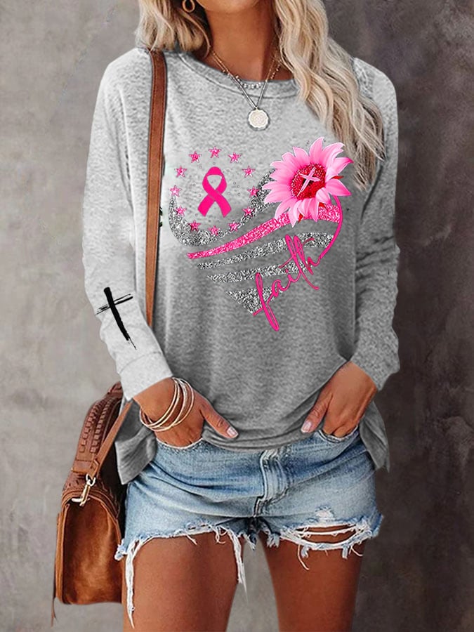 Women's Breast Cancer Gradient Print Long Sleeve T-Shirt
