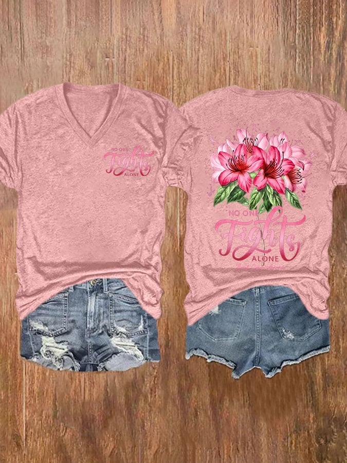No One Fights Alone Breast Cancer Awareness Lily Flowers Anf Pink Ribbon Breast Cancer Print Short Sleeve Casual T-Shirt