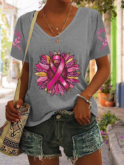 Women's Sunflower Pink Breast Cancer Awareness Support Women Warrior Essential Print Short Sleeve T-Shirt