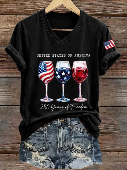 Women's retro flag cross print V-neck short sleeved T-shirt
