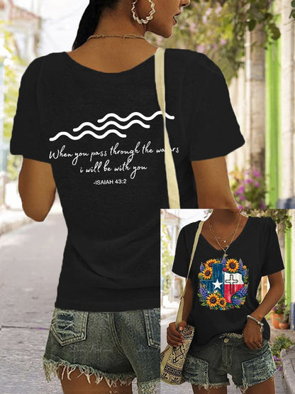 🙏💔Join us in praying for Texas.🙏Women's Texas Strong When You Pass Through the Waters I Will Be with You Isaiah 43:2 Print V Neck Casual T-Shirt