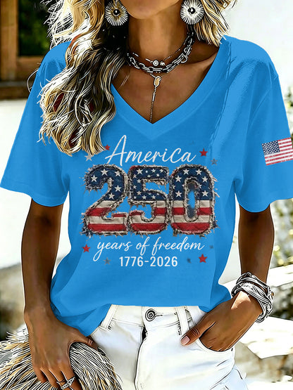 Ladies' Casual American 250Th Anniversary Celebration Personalized Printed V-Neck Short Sleeved Shirt