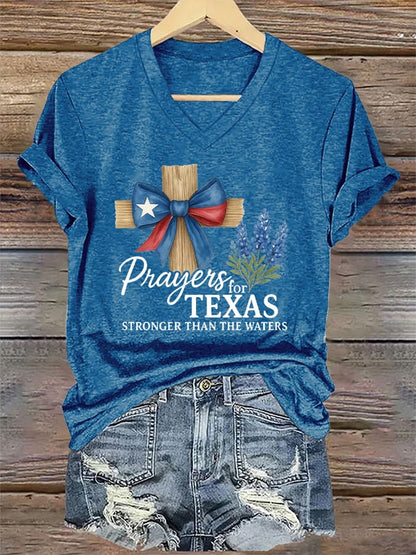 🙏💔Join us in praying for Texas.🙏V-Neck Retro Texas Strong Prayers For Texas Stronger Than The Waters Print T-Shirt