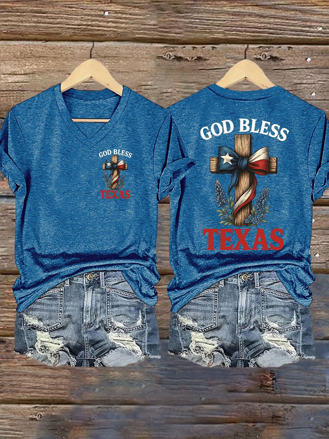 🙏💔Join us in praying for Texas.🙏Women's Retro God Bless Texas Cross Print T-Shirt