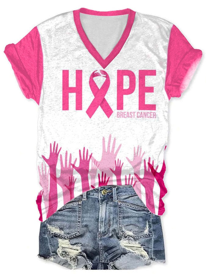 Women's Casual Pink Ribbon Breast Cancer Art Print Short Sleeve T-Shirt
