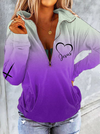 Women's Jesus Cross Faith Gradient Print Casual Zipper Collar Sweatshirt