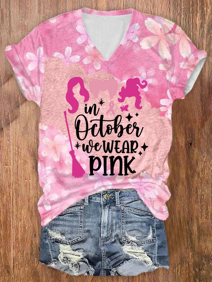 Women's Casual In October We Wear Pink Printed Short Sleeve T-Shirt